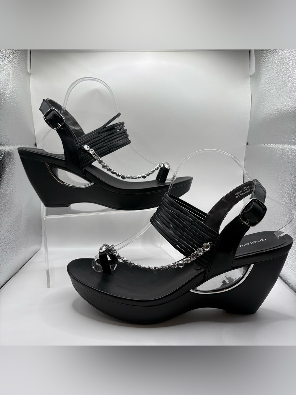 Andrew Geller Black Wedge Sandals with Crystal Accent